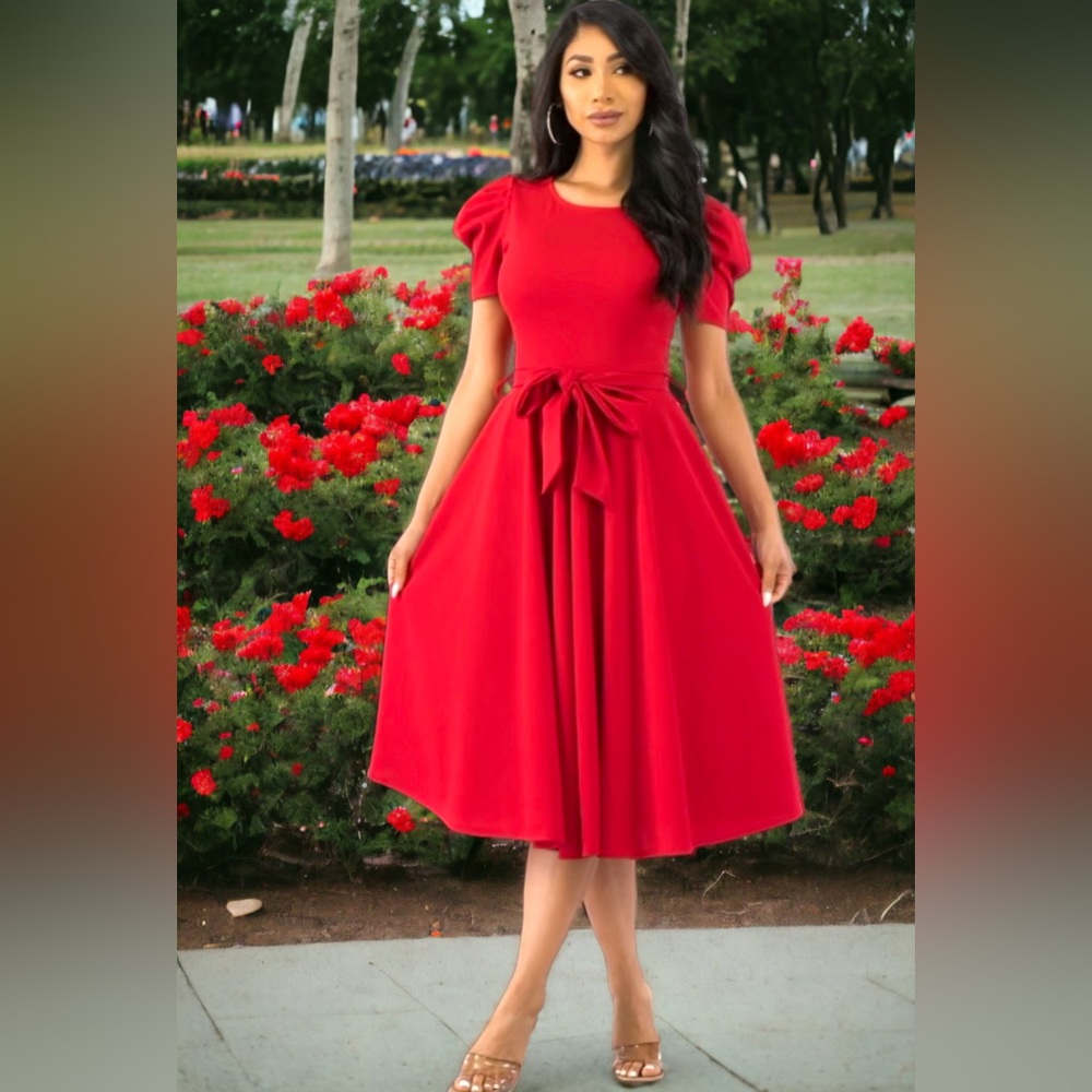 Puff Sleeve Cocktail Dress, Sizes 1X - 3X (Red)